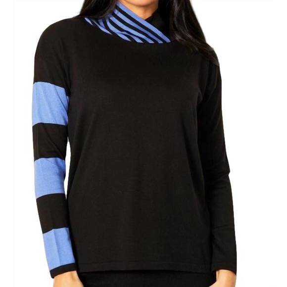 NEW ANGEL APPAREL stripe funnel neck sweater in black/periwinkle - Picture 1 of 1